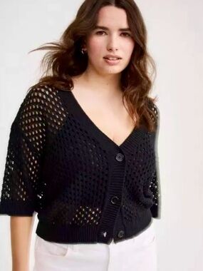 torrid Black Pointelle Stitch Open-Knit Button Front Cardigan - Size 2X-NWOT